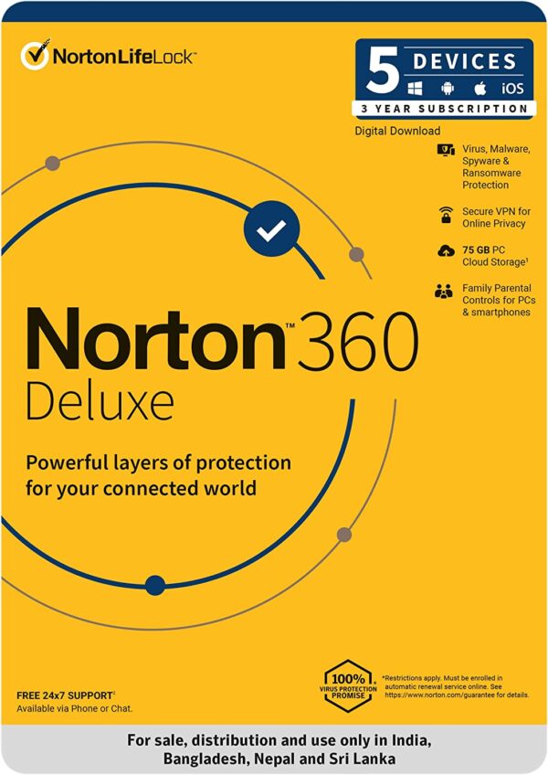 Norton 360 Deluxe 5 Devices 3 Year Total Security (Instant Email Delivery of Key) No CD